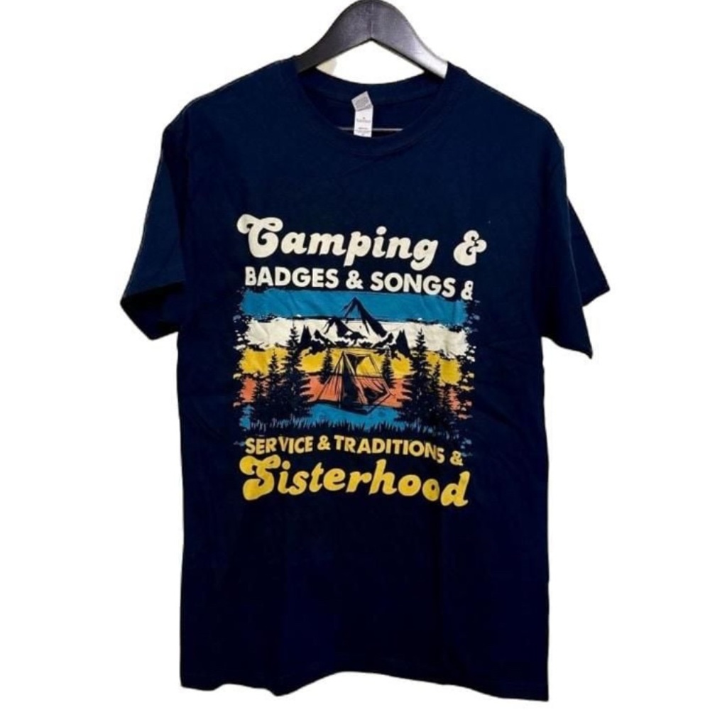Girl Scouts Blue Camping Badges Traditions Sisterhood Tee, Women’s Size M